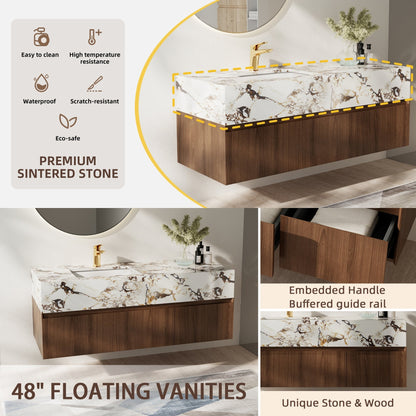 Meubles-lavabos de salle de bain modernes de 48 pouces, avec dessus en faux marbre brillant, en bois massif.