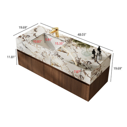Meubles-lavabos de salle de bain modernes de 48 pouces, avec dessus en faux marbre brillant, en bois massif.