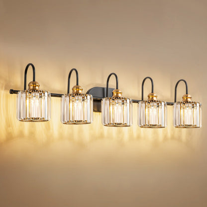 Éclairage de salle de bain linéaire à 5 lumières, style glamour, à intensité variable, avec abat-jour en cristal cylindrique.
