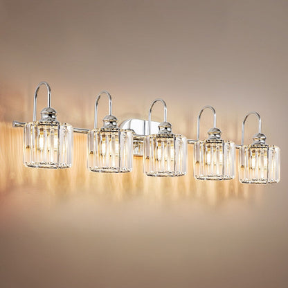 Éclairage de salle de bain linéaire à 5 lumières, style glamour, à intensité variable, avec abat-jour en cristal cylindrique.