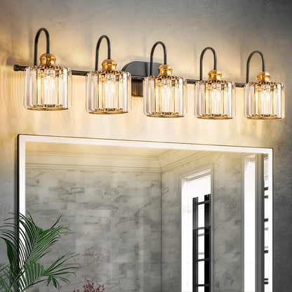 Éclairage de salle de bain linéaire à 5 lumières, style glamour, à intensité variable, avec abat-jour en cristal cylindrique.