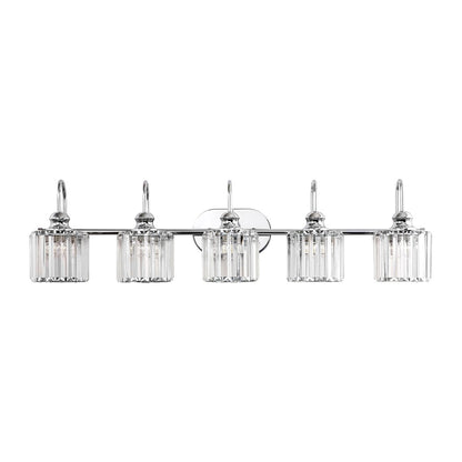 Éclairage de salle de bain linéaire à 5 lumières, style glamour, à intensité variable, avec abat-jour en cristal cylindrique.