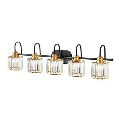 Éclairage de salle de bain linéaire à 5 lumières, style glamour, à intensité variable, avec abat-jour en cristal cylindrique.