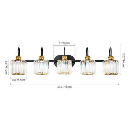 Éclairage de salle de bain linéaire à 5 lumières, style glamour, à intensité variable, avec abat-jour en cristal cylindrique.