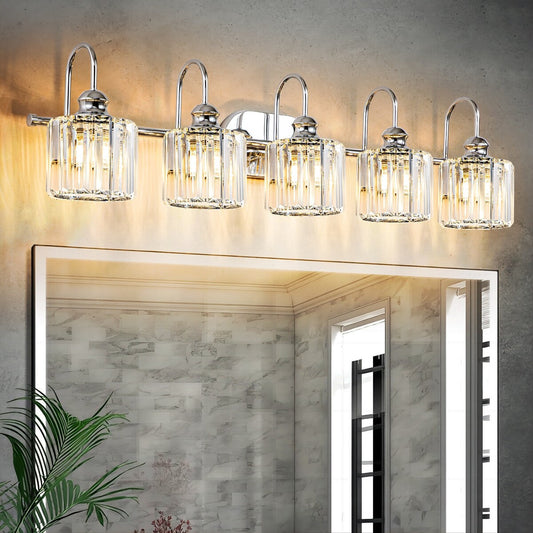 Éclairage de salle de bain linéaire à 5 lumières, style glamour, à intensité variable, avec abat-jour en cristal cylindrique.
