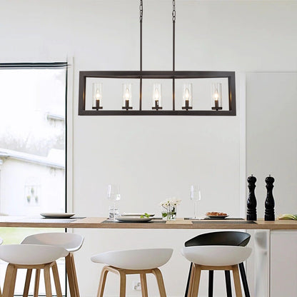 Suspension industrielle linéaire moderne à 5 lumières pour salle à manger, lustre cylindrique en verre transparent style farmhouse, éclairage pour îlot de cuisine