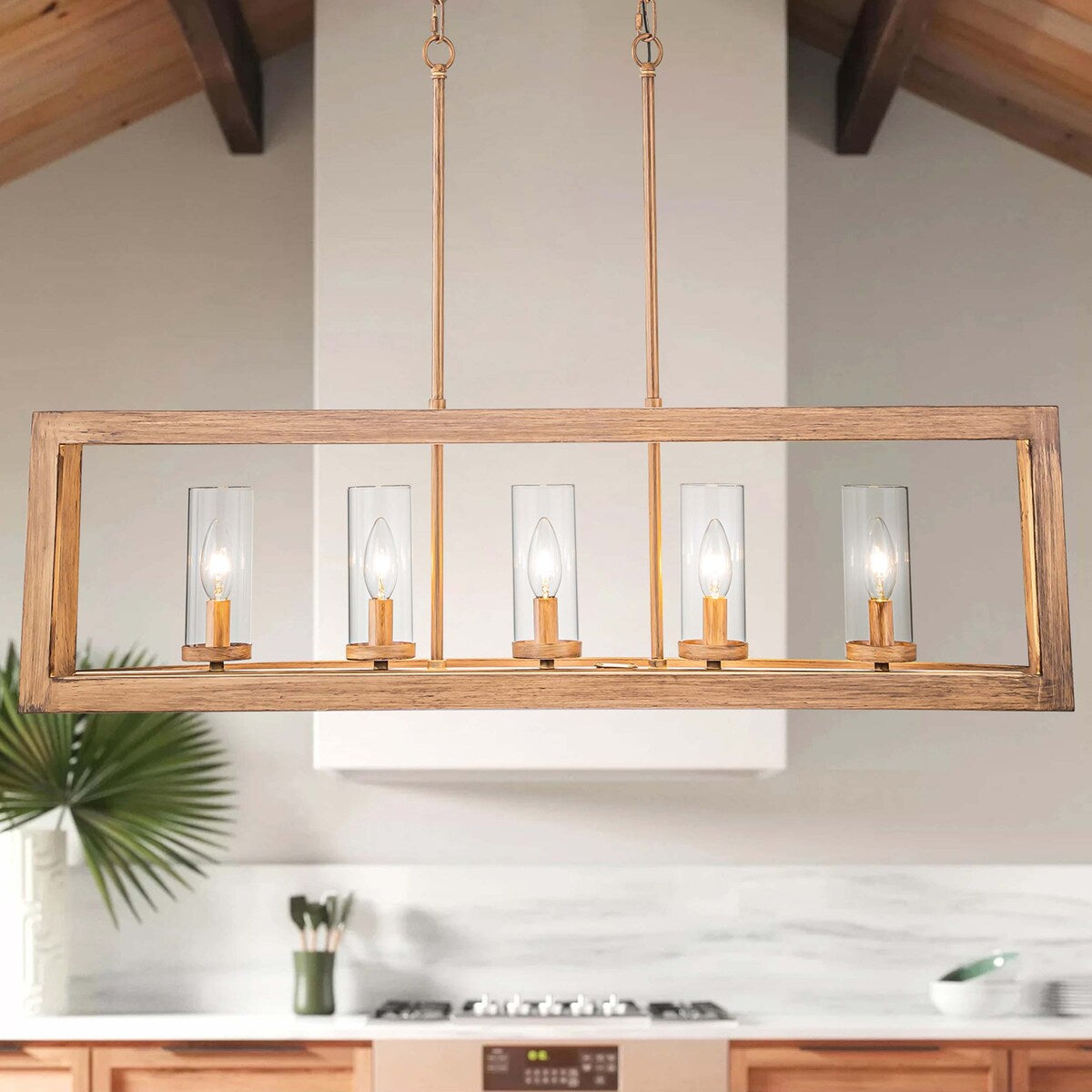 Suspension rectangulaire en verre vintage à 5 lumières, style industriel moderne du milieu du siècle, pour îlot de cuisine.