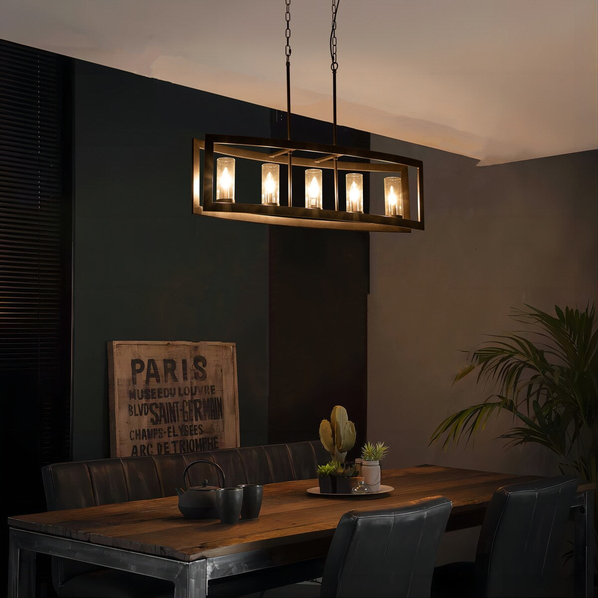 Suspension rectangulaire en verre vintage à 5 lumières, style industriel moderne du milieu du siècle, pour îlot de cuisine.