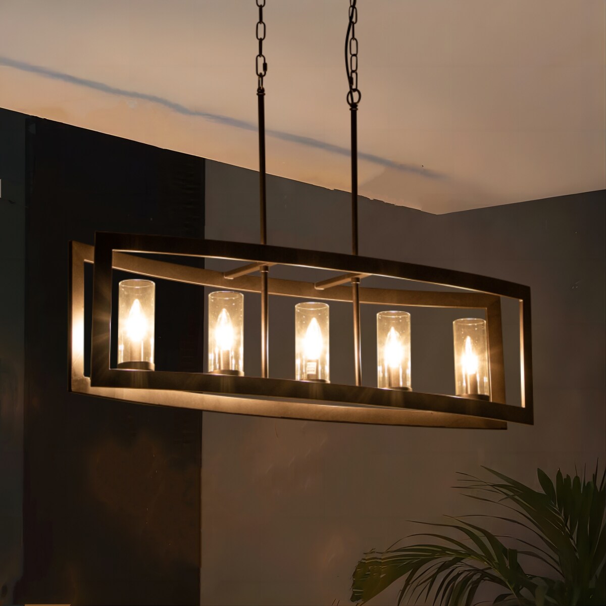 Suspension rectangulaire en verre vintage à 5 lumières, style industriel moderne du milieu du siècle, pour îlot de cuisine.