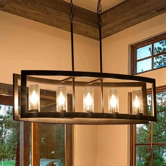 Suspension rectangulaire en verre vintage à 5 lumières, style industriel moderne du milieu du siècle, pour îlot de cuisine.