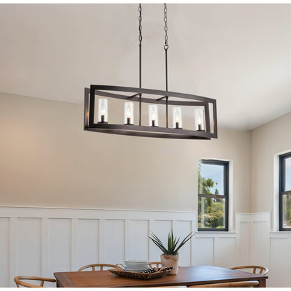 Suspension industrielle linéaire moderne à 5 lumières pour salle à manger, lustre cylindrique en verre transparent style farmhouse, éclairage pour îlot de cuisine