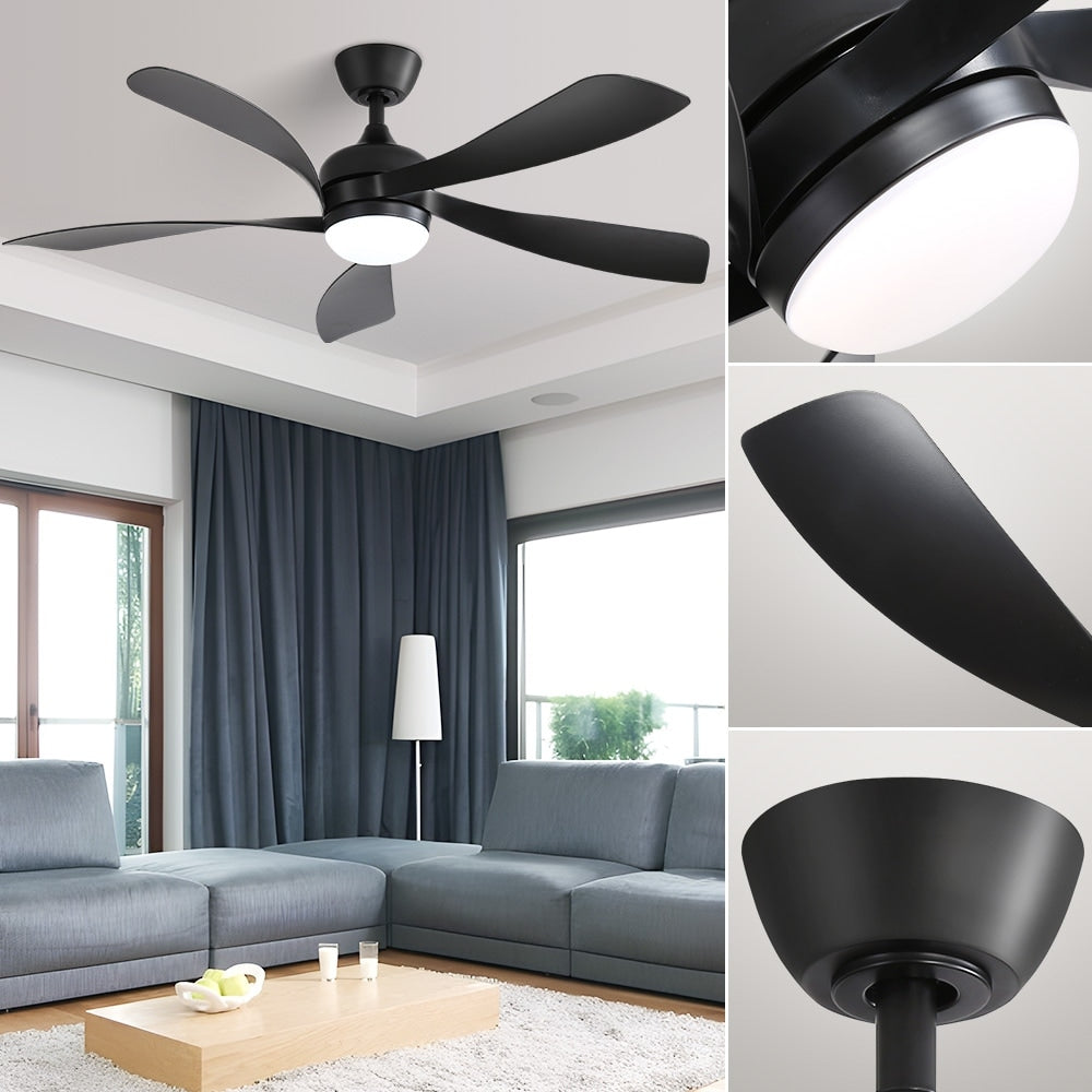Ventilateur de plafond 52 pouces avec télécommande et éclairage, moteur DC silencieux, 5 pales, grand débit d'air, design moderne.
