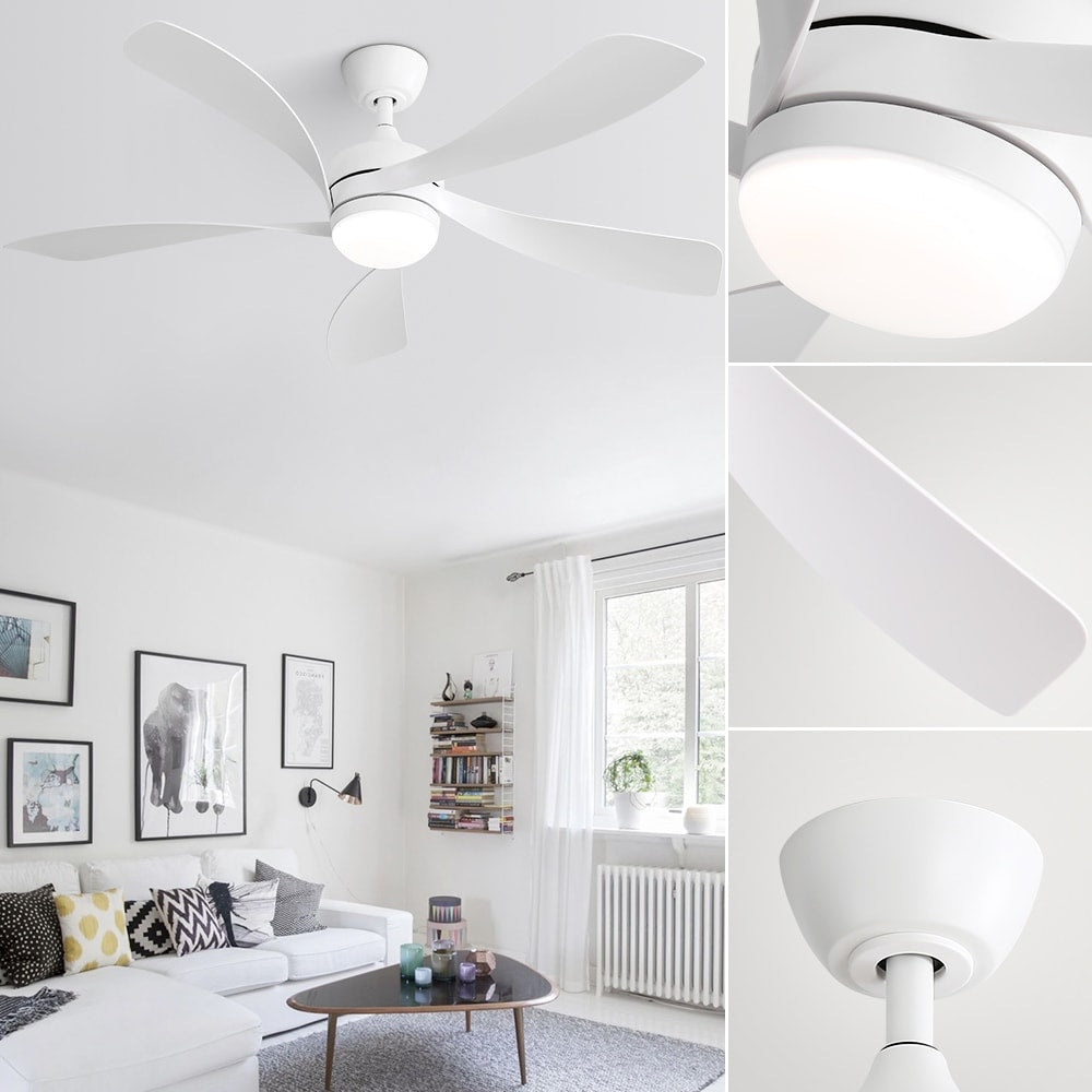 Ventilateur de plafond 52 pouces avec télécommande et éclairage, moteur DC silencieux, 5 pales, grand débit d'air, design moderne.