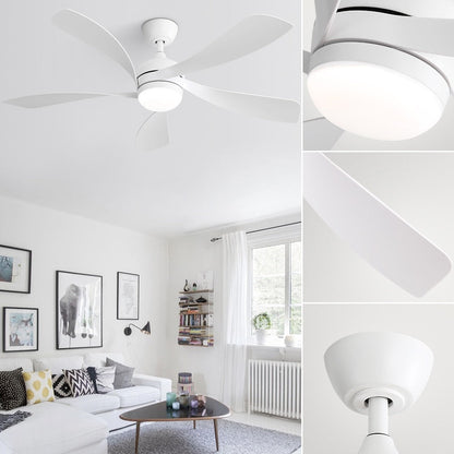 Ventilateur de plafond 52 pouces avec télécommande et éclairage, moteur DC silencieux, 5 pales, grand débit d'air, design moderne.