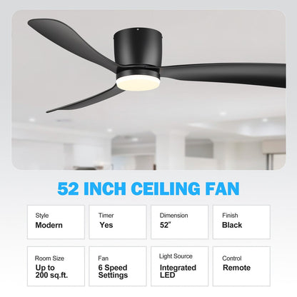 Ventilateur de plafond LED à montage encastré de 52 pouces noir/blanc avec télécommande (3 pales)