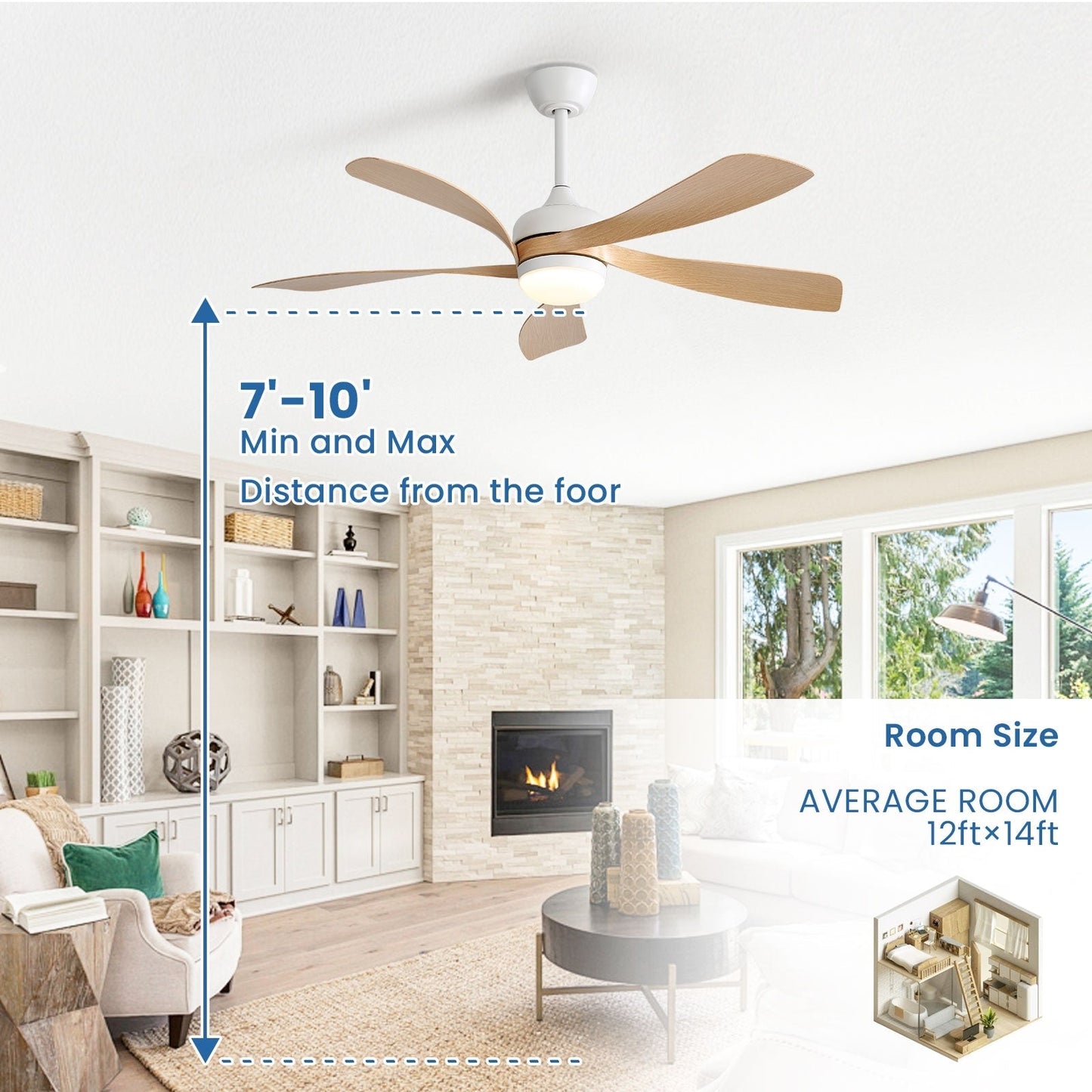 Ventilateur de plafond 52 pouces avec télécommande et éclairage, moteur DC silencieux, 5 pales, grand débit d'air, design moderne.