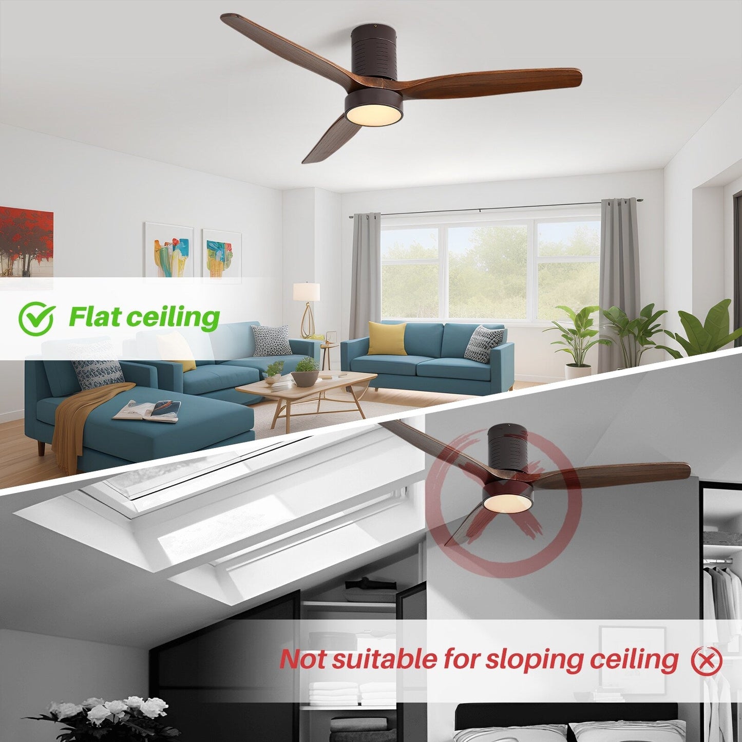 Ventilateur de plafond encastré de 52 pouces de style farmhouse avec éclairage et télécommande, moteur DC réversible.