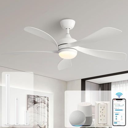 Ventilateur de plafond 52 pouces avec télécommande et éclairage, moteur DC silencieux, 5 pales, grand débit d'air, design moderne.