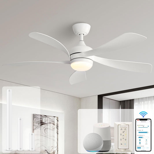 Ventilateur de plafond 52 pouces avec télécommande et éclairage, moteur DC silencieux, 5 pales, grand débit d'air, design moderne.