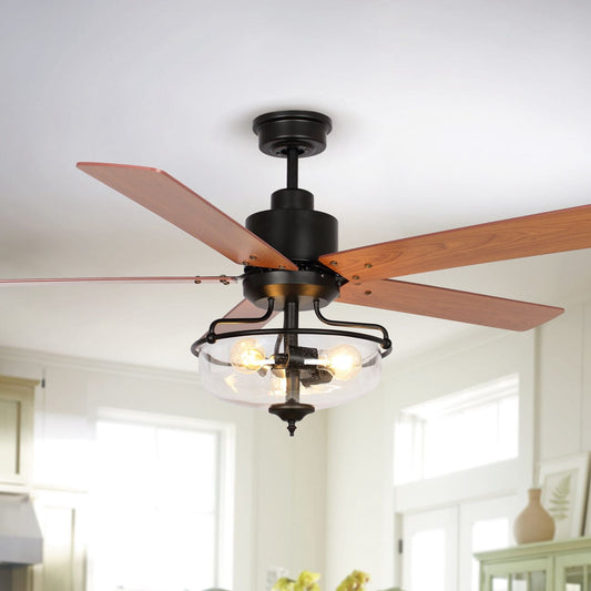 Ventilateur de plafond à 52 pouces avec 5 pales en bois réversibles, 3 lumières et télécommande.