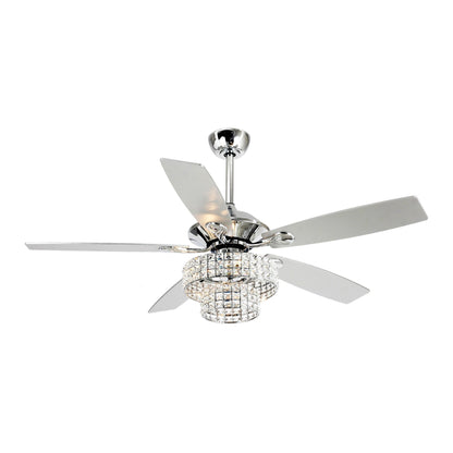 Ventilateur de plafond moderne à 5 pales en bois chromé de 52 pouces avec télécommande et cristaux.
