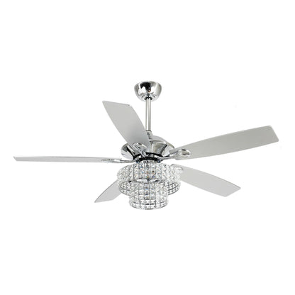 Ventilateur de plafond moderne à 5 pales en bois chromé de 52 pouces avec télécommande et cristaux.