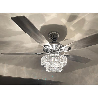 Ventilateur de plafond moderne à 5 pales en bois chromé de 52 pouces avec télécommande et cristaux.