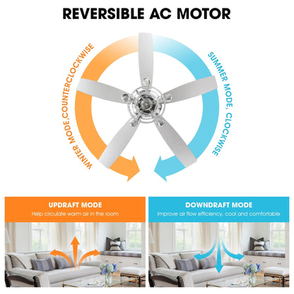 Ventilateur de plafond moderne à 5 pales en bois chromé de 52 pouces avec télécommande et cristaux.