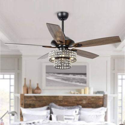 Ventilateur de plafond moderne à 5 pales en bois chromé de 52 pouces avec télécommande et cristaux.
