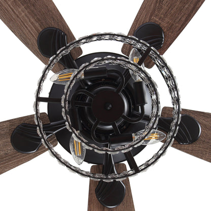 Ventilateur de plafond moderne à 5 pales en bois chromé de 52 pouces avec télécommande et cristaux.