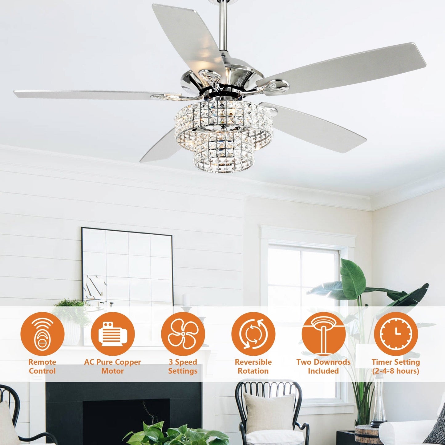 Ventilateur de plafond moderne à 5 pales en bois chromé de 52 pouces avec télécommande et cristaux.