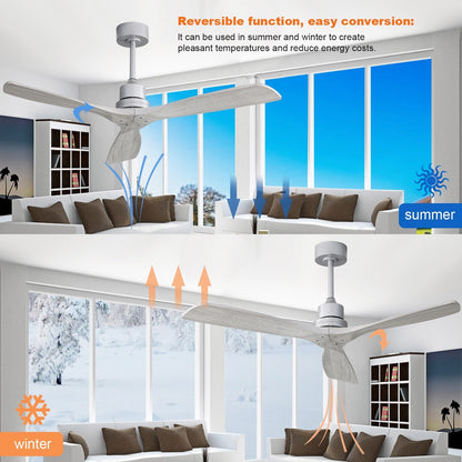 Ventilateur de plafond moderne de 52 pouces en bois massif/ABS avec télécommande (sans éclairage), 6 vitesses de vent, flux d'air réversible.