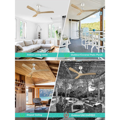 Ventilateur de plafond moderne de 52 pouces en bois massif/ABS avec télécommande (sans éclairage), 6 vitesses de vent, flux d'air réversible.