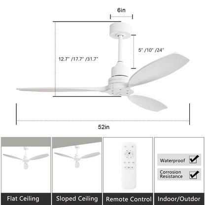 Ventilateur de plafond moderne de 52 pouces en bois massif/ABS avec télécommande (sans éclairage), 6 vitesses de vent, flux d'air réversible.