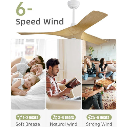 Ventilateur de plafond moderne de 52 pouces en bois massif/ABS avec télécommande (sans éclairage), 6 vitesses de vent, flux d'air réversible.