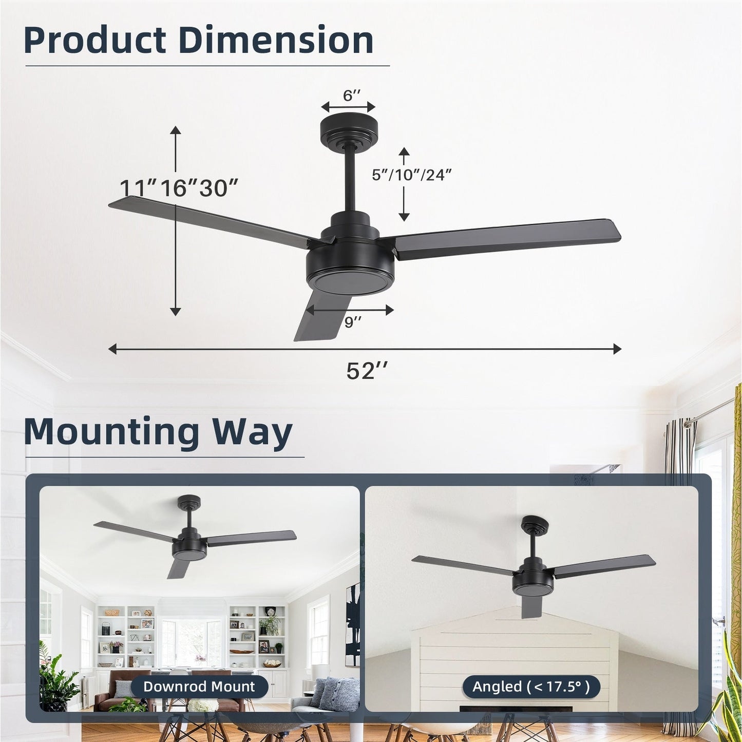 Ventilateur de plafond moderne de 52 pouces en bois massif/ABS avec télécommande (sans éclairage), 6 vitesses de vent, flux d'air réversible.