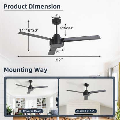 Ventilateur de plafond moderne de 52 pouces en bois massif/ABS avec télécommande (sans éclairage), 6 vitesses de vent, flux d'air réversible.