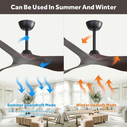 Ventilateur de plafond moderne de 52 pouces en bois massif/ABS avec télécommande (sans éclairage), 6 vitesses de vent, flux d'air réversible.