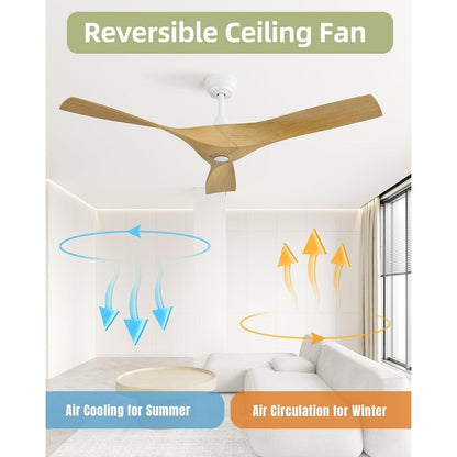Ventilateur de plafond moderne de 52 pouces en bois massif/ABS avec télécommande (sans éclairage), 6 vitesses de vent, flux d'air réversible.