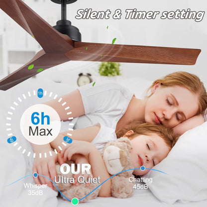 Ventilateur de plafond moderne de 52 pouces en bois massif/ABS avec télécommande (sans éclairage), 6 vitesses de vent, flux d'air réversible.