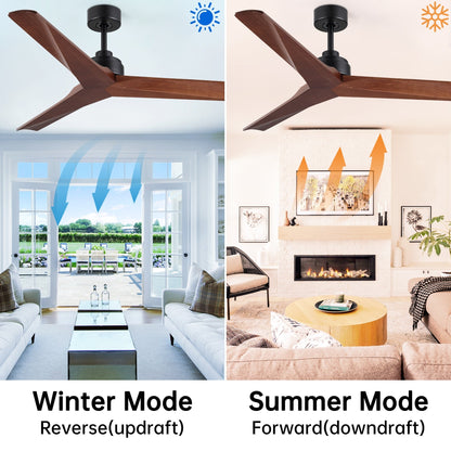 Ventilateur de plafond moderne de 52 pouces en bois massif/ABS avec télécommande (sans éclairage), 6 vitesses de vent, flux d'air réversible.