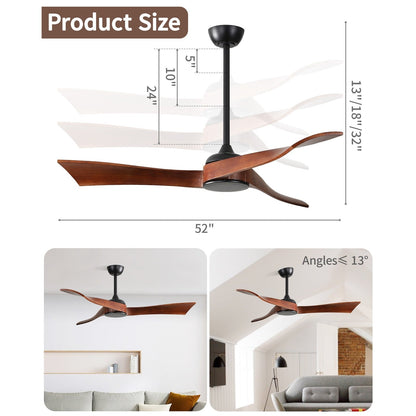 Ventilateur de plafond moderne de 52 pouces en bois massif/ABS avec télécommande (sans éclairage), 6 vitesses de vent, flux d'air réversible.