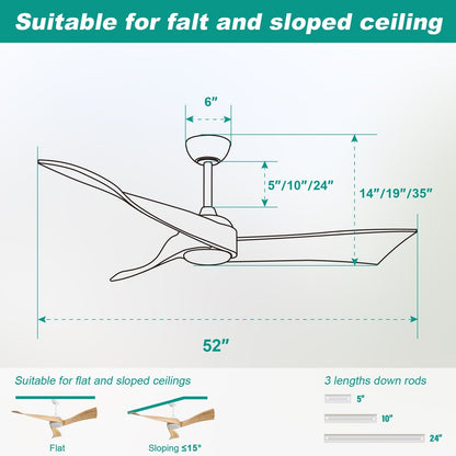 Ventilateur de plafond moderne de 52 pouces en bois massif/ABS avec télécommande (sans éclairage), 6 vitesses de vent, flux d'air réversible.