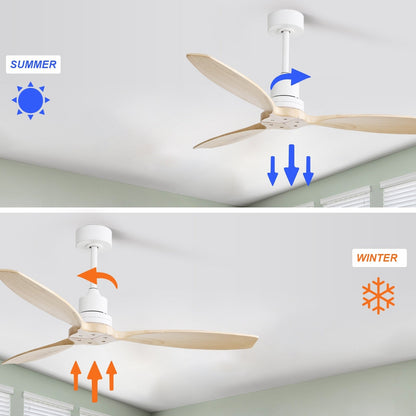 Ventilateur de plafond moderne de 52 pouces en bois massif/ABS avec télécommande (sans éclairage), 6 vitesses de vent, flux d'air réversible.