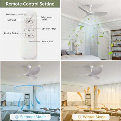 Ventilateur de plafond moderne de 52 pouces en bois massif/ABS avec télécommande (sans éclairage), 6 vitesses de vent, flux d'air réversible.