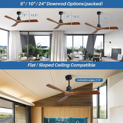 Ventilateur de plafond moderne de 52 pouces en bois massif/ABS avec télécommande (sans éclairage), 6 vitesses de vent, flux d'air réversible.
