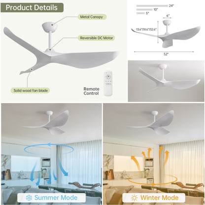 Ventilateur de plafond moderne de 52 pouces en bois massif/ABS avec télécommande (sans éclairage), 6 vitesses de vent, flux d'air réversible.