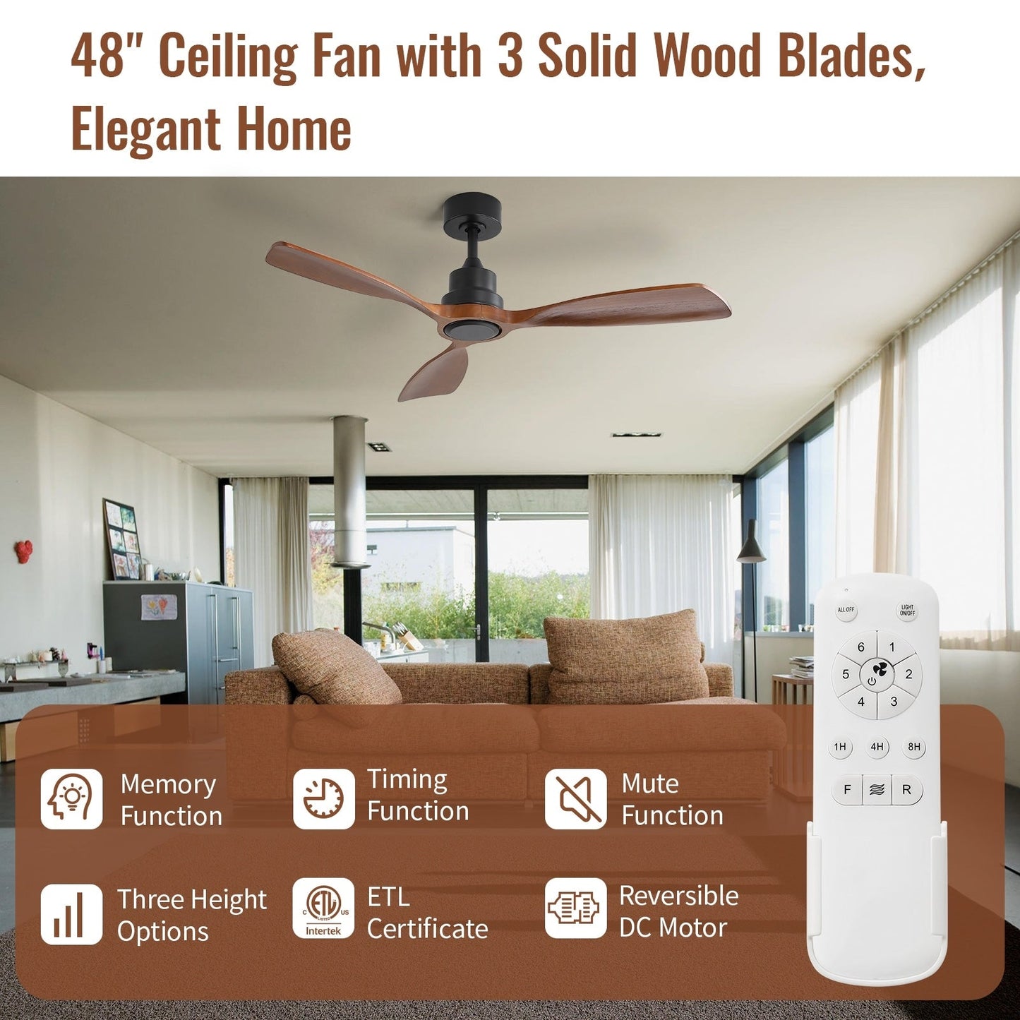 Ventilateur de plafond en bois de noyer 52/60/48 pouces sans bruit avec télécommande, éclairage intégré en option.