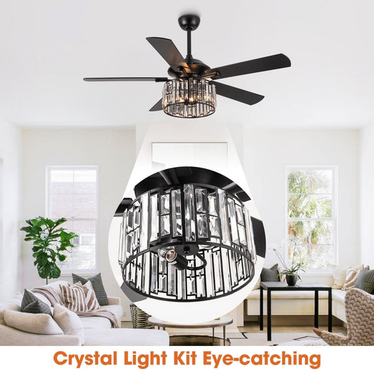 Ventilateur de plafond moderne en bois noir avec lustre en cristal, 52 pouces, avec télécommande.