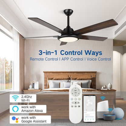 Ventilateurs de plafond modernes de 52 pouces avec éclairage et télécommande, LED à intensité variable